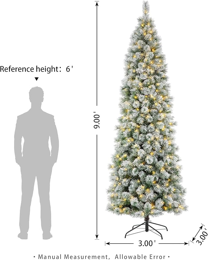 Glitzhome 9ft Prelit Christmas Tree, Flocked Pencil Artificial Christmas Tree with 500 Warm White Lights, Pine Christmas Trees w/Foldable Metal Stand for Home, Office, Party Decoration, Easy Assembly