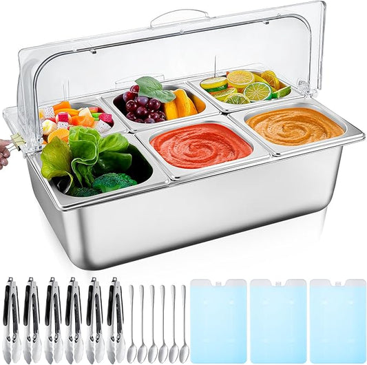 Tessco for you 16 Pcs Countertop Chilled Condiment Container Set with Lid, Stainless Steel Salad Cold Ice Food Spice Serving Display Caddy for Buffet Restaurant Kitchen Party(6 Compartments)