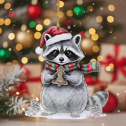 6 Pcs Acrylic Christmas Raccoon Ornaments for Christmas Tree Decor, Cute Raccoon Hanging Decorations for Family, Friends & Holiday Festivities