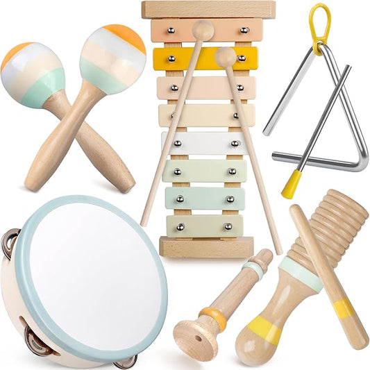 Baby Musical Instruments - Neutral Colors Musical Toys for Toddlers 1-3, Montessori Wooden Percussion Instruments Set with Modern Boho Xylophone Tambourine, Kids Preschool Educational Birthday Gifts