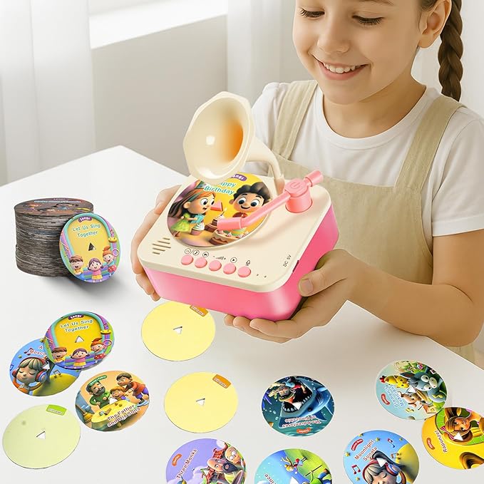 Kids Phonograph Toddler Record Player， with 96 Learning Cards, Early Education Machine Record Player Music Box Storyteller pop Speakers, Gift for Boys and Girls