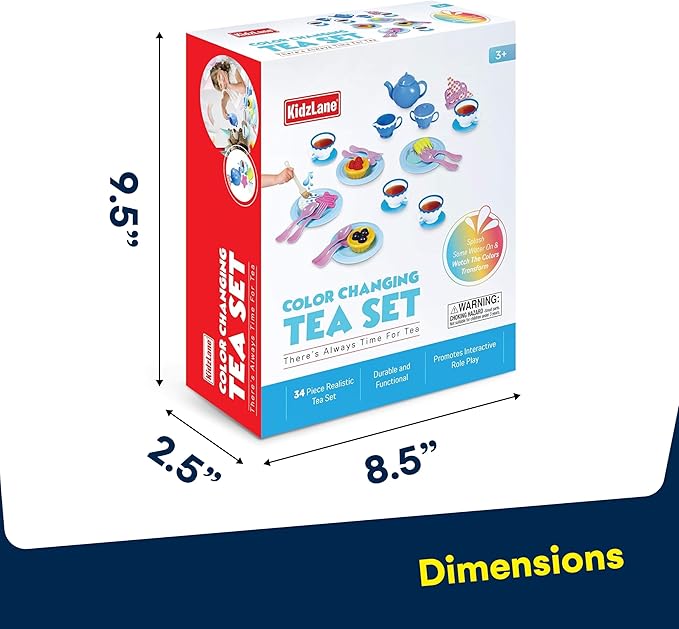 Kidzlane Play Tea Set for Little Girls - Kids Party With Water Activated Color Changing Cups and Cookies - 34 Piece Toy for Girls - Dishwasher Safe Plastic