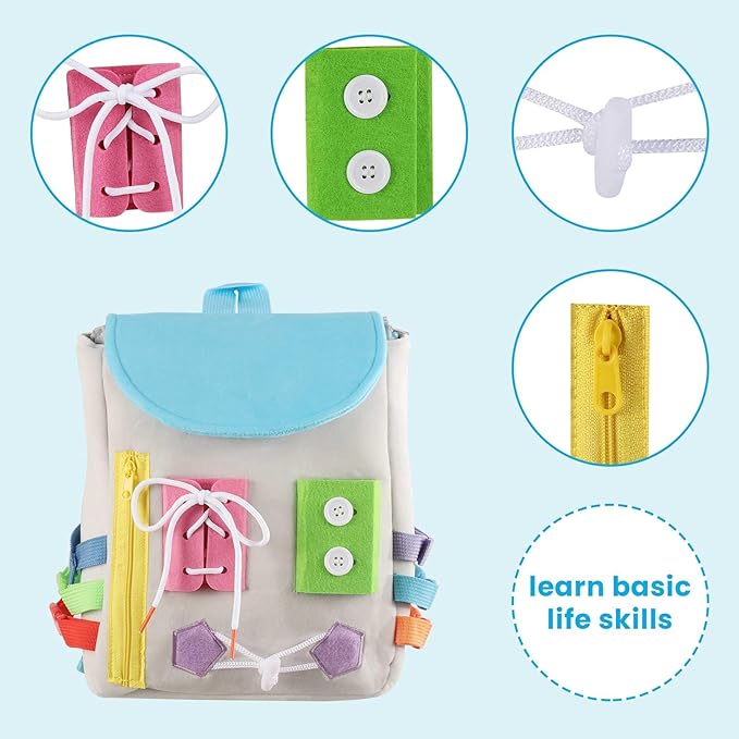 Busy Board - Toddler Backpack with Buckles and Learning Activity Toys - Develop Fine Motor Skills and Basic Life Skills - Learn to Tie Shoes - Children's Travel Toy (Grey)
