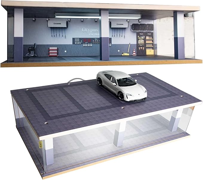 1/24 Scale Diecast Car Model Display Case, 1:24 Toy Garage with Adjustable Brightness Tricolor Light in Cars Detailing Studio Scene, 8 Parking Spots (4 Indoor +4 Roof Parking Spots)