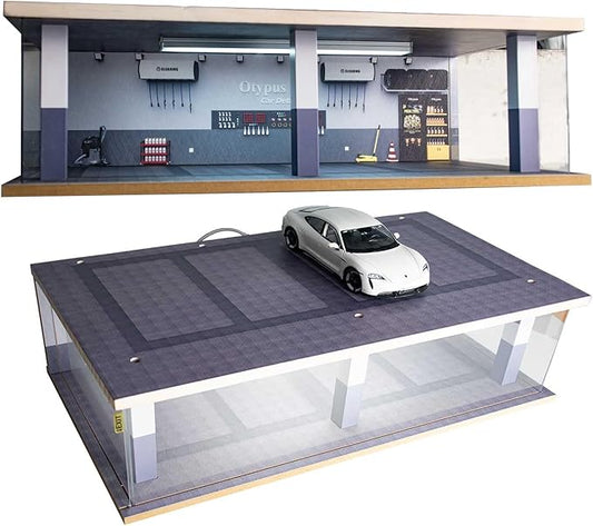 1/24 Scale Diecast Car Model Display Case, 1:24 Toy Garage with Adjustable Brightness Tricolor Light in Cars Detailing Studio Scene, 8 Parking Spots (4 Indoor +4 Roof Parking Spots)