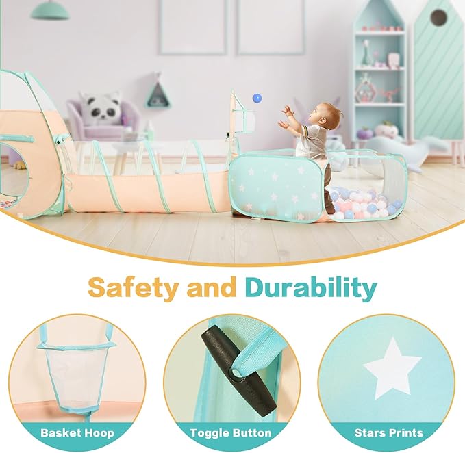 SISTICKER 3 in 1 Kids Play Tent with Baby Ball Pit and Play Tunnel, Toddler Climbing Toys for Boys, Girls, Babies, Indoor Outdoor Pop Up Playhouse Tunnel Toys (Balls NOT Included)