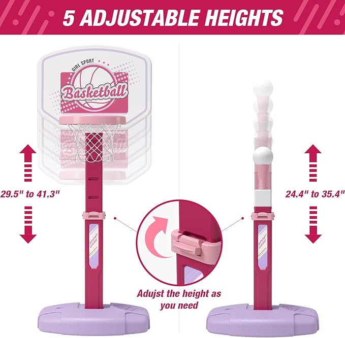 2 in 1 Kids Basketball Hoop and T Ball Set - Adjustable Height, Kids Baseball Tee with Automatic Pitching Machine, Indoor Outdoor Sport Toys Gifts for Toddler Boys Girls Age 1-5, Pink