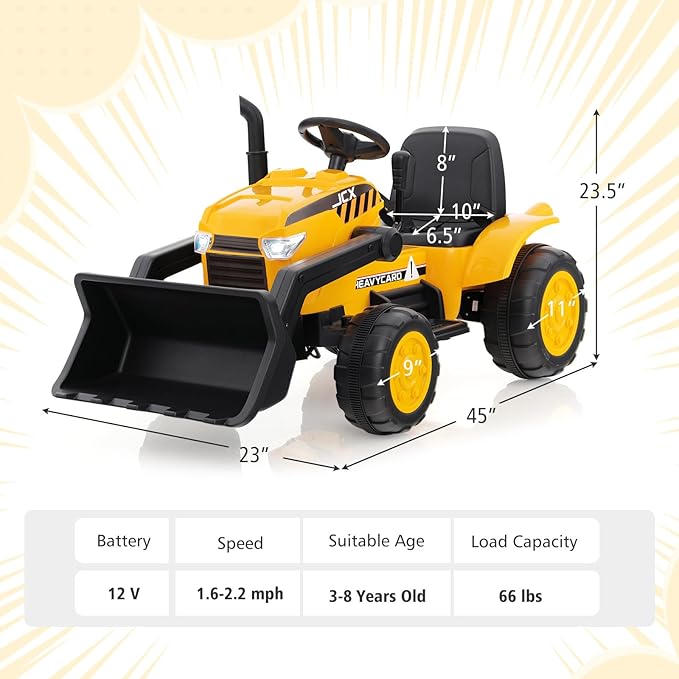 HONEY JOY Ride on Excavator, 12V Battery Powered Wheeled Loader Digger Kids Bulldozer w/Adjustable Digging Bucket, Headlights, Music, Horn, Slow Start, Electric Construction Vehicle for Kids, Yellow