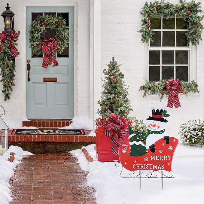 YEAHOME Outdoor Christmas Decorations, Metal Snowman with Sleigh Decorative Garden Stakes for Outdoor Yard, Merry Christmas Signs for Outside Porch Lawn Pathway Xmas Decor