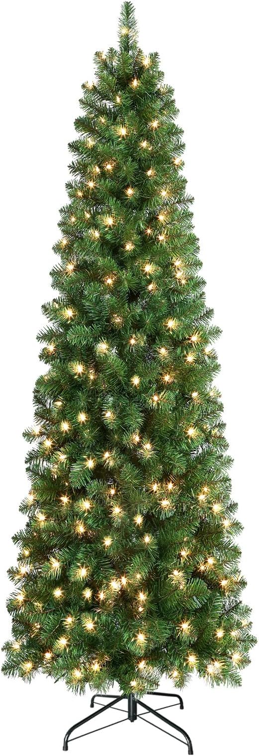 SHareconn 4 ft Prelit Artificial Hinged Slim Pencil Christmas Tree with Warm White Lights, Full Branch Tips, Good Choice Decoration for Xmas Holiday, 4 FT, Green