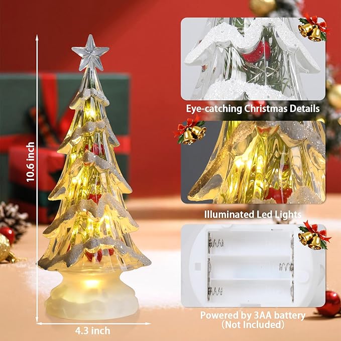 Acrylic Christmas Tree Table Decor, 11" Lighted up Christmas Tree Figurine, Battery Operated Home Decorations Gift for Indoor Holiday Party Mantel Fireplace Centerpiece Decor