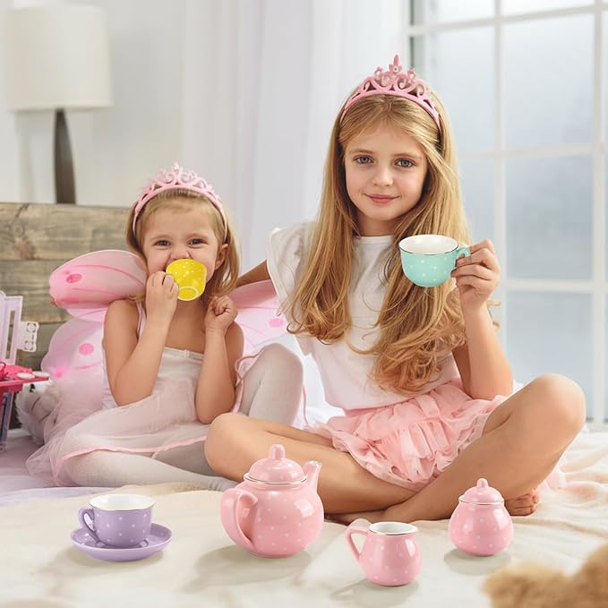 Porcelain Tea Set for Toddlers, Tea Party Set for Little Girls, Kids Tea Set Kitchen Pretend Play, Princess Tea Time Playset with Teapot Cups Carry Case, Toddler Girl Toys Birthday Gifts Age 3+