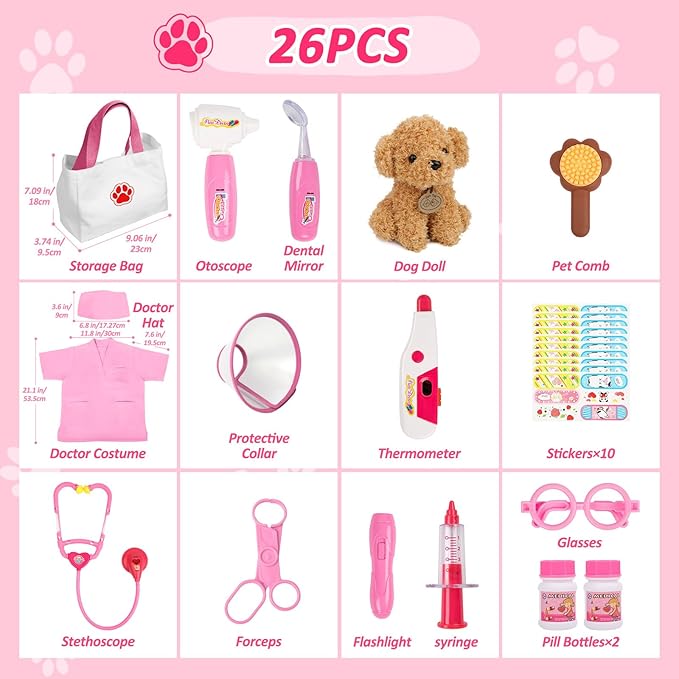 Liberry Doctor Kit for Toddlers Age 3 4 5 6, 26 Pcs Kids Doctor Playset with Dog Toy, Stethoscope and Dress Up Costume, Pretend Play Medical Gift for Girls, Pink