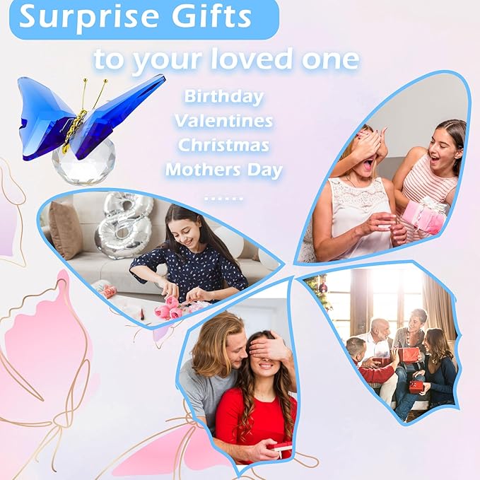 Movdyka Crystal Butterfly for Mom Women Metal Butterfly Room Decor Collection Figurine Blue Glass Butterfly Craft Desk Office Decorations Table Centerpieces