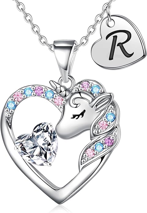 Necklace for Girls Kids Gifts - Colorful CZ Heart Initial Necklaces Unicorn Necklace for Girls Jewelry Birthday Graduation Gifts for Little Girl Kids
