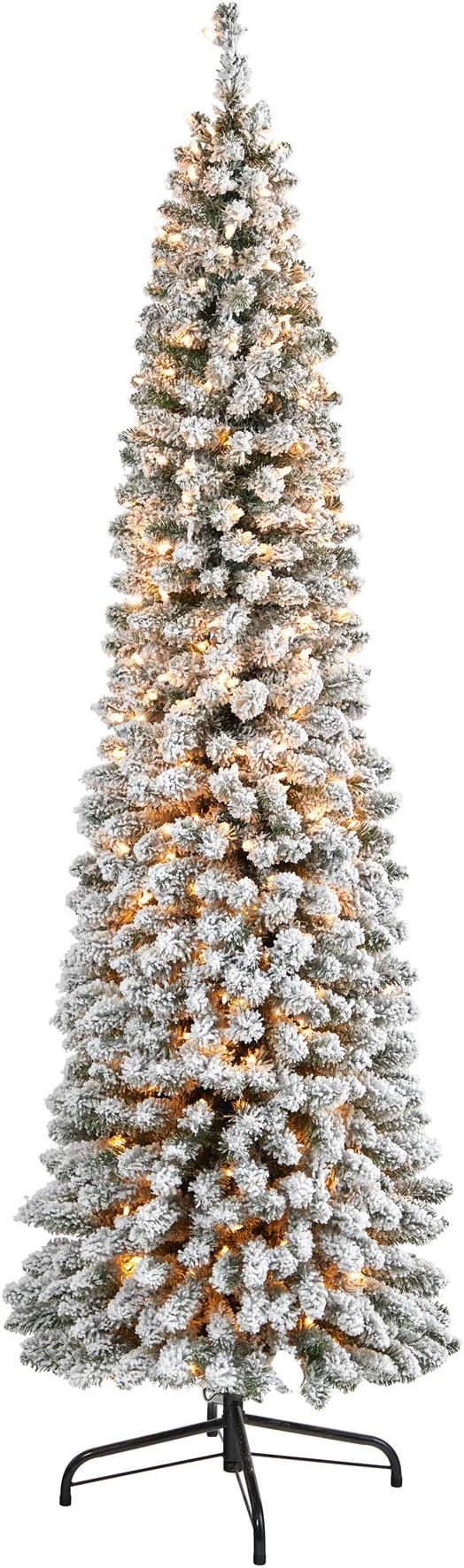 Nearly Natural 7ft. Flocked Pencil Artificial Christmas Tree with 400 Clear Lights and 574 Bendable Branches