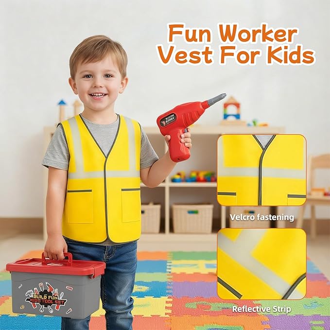 58-Piece Kids Tool Set with Realistic Power Toy Drill & Tool Box & DIY Stickers, Kids Construction Kits, STEM Pretend Play Boy Toys, for Toddlers Boy Ages 3-8