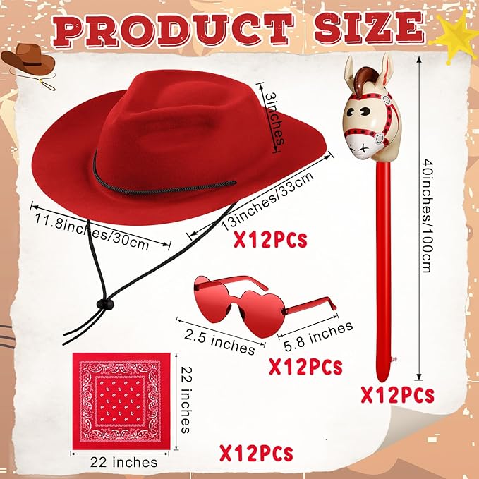Xtinmee 48 Pcs Kids Cowboy Party Favor with Cowboy Hats Inflatable Stick Horses Bandanas Heart Glasses for Kid Costume(Red)