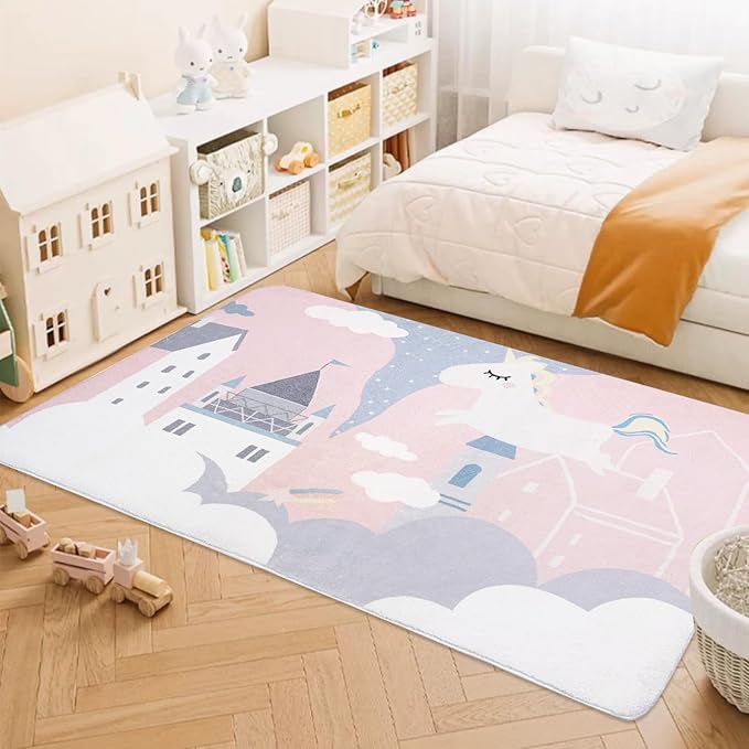 ABREEZE Kids Rug Play Mat Ultra Soft for Room, 4'x5.3' Non Slip Pink Unicorn Children Nursery Baby Area Rug Carpet for Bedroom Decor Playroom Living Room