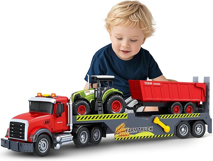 SpringFlower 21“ Extra Large Truck Toy, 3 4 5 6 Boys Toys with Tractors and Dump Truck, 3 in 1 Vehicle Toy with Sounds & Lights, Christmas Birthday Gift Kids Boy Toddlers Age 3 4 5 6 7
