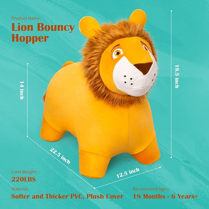 ZOOJOY Bouncy Animal Kids Lion Hopper Toys, Plush Animal Bouncing Horse for Toddlers, Indoor Outdoor Activity Ride Jumping Horse Gifts for 18 Months 2 3 4 Year Old Boys Girls (W/Pump