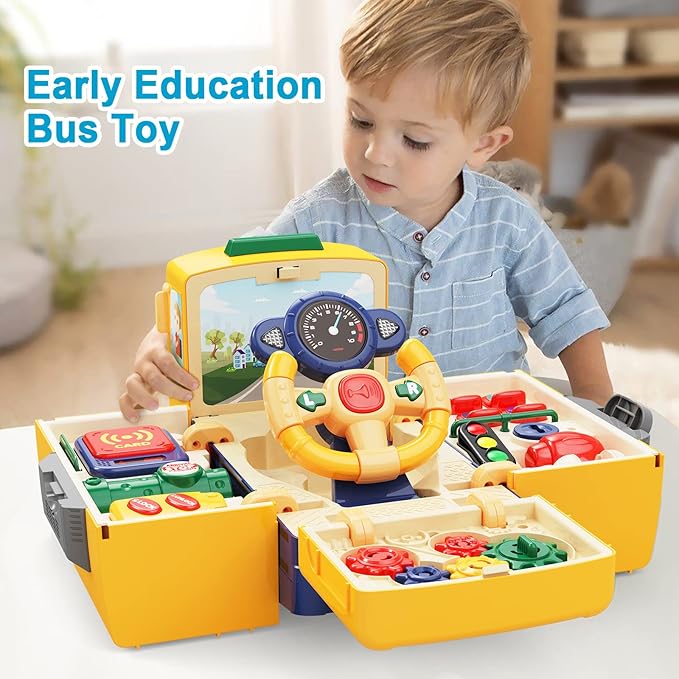 HONGTUO School Bus Toy with Sound and Light Simulation Steering Wheel Driving Toy Toddlers School Bus Toys with Music Education Knowledge Simulate School Scenes Gift for 3-5 Boys & Girls