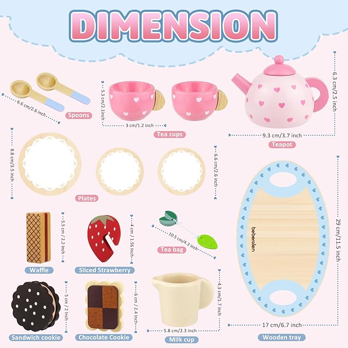 Wooden Tea Set for Little Girls Birthday Gift 3-4 Year Old Princess Toys Play Food Sets for Kids Kitchen Accessories Toddlers 3-5 Outdoor Party Pretend Food Dessert Cookies Wood Toy