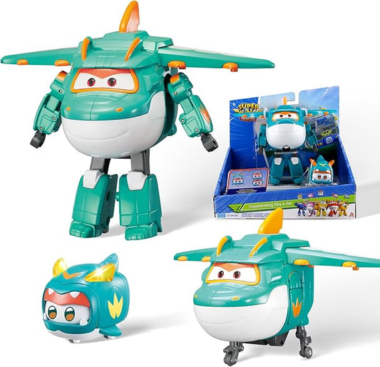 Super Wings 5" Transformable Toys Tino & Mini Tino Pet, 3 in 1 Transforming Dinosaur Airplane Robot, Educational Action Figure for Boys Girls Age 3+, Dinosaur Toy for Preschool Play