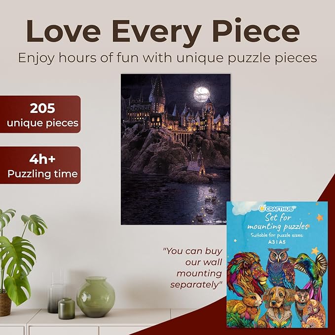 CRAFTHUB Harry Potter Puzzle – A3 Boats to Hogwarts – Wooden Jigsaw Puzzles for Adults – 205 Unique Shaped Pieces – Officially Licensed Merchandise – 10.8" x 14.9"