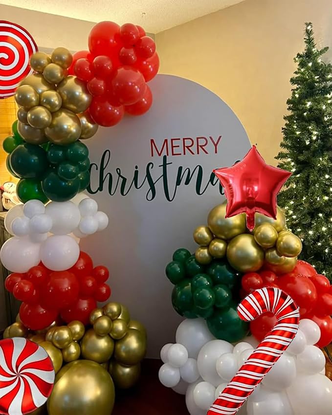 NeoVita Christmas Balloons Garland Arch Kit, 133PCS Red Green White Xmas Balloons Different Sizes 18 12 5 Inch with Candy,Cane,Star Foil Balloons for Christmas Party Decorations Indoor