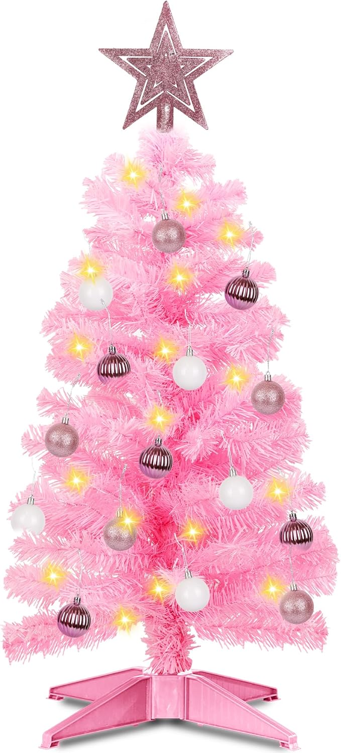 3 Ft Premium Pink Christmas Tree with Lights, Battery Operated Timer 8 Modes 50 Warm White Lights Small Artifical Full Christmas Tree for Tabletop Home Office Indoor Outdoor Xmas Holiday Decorations