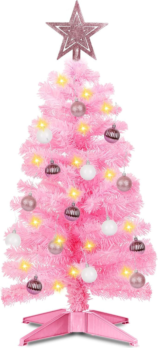 3 Ft Premium Pink Christmas Tree with Lights, Battery Operated Timer 8 Modes 50 Warm White Lights Small Artifical Full Christmas Tree for Tabletop Home Office Indoor Outdoor Xmas Holiday Decorations