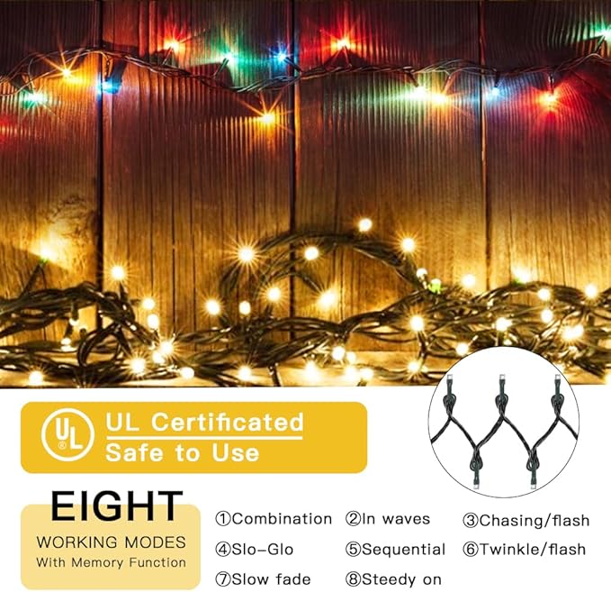 LetsFunny 300 LED Outdoor String Lights, 108FT Twinkle Lights with 8 Lighting Modes, Waterproof Ambient Aesthetic Lighting for Indoor & Outdoor Christmas Tree, Wedding, Party, Halloween Decorations