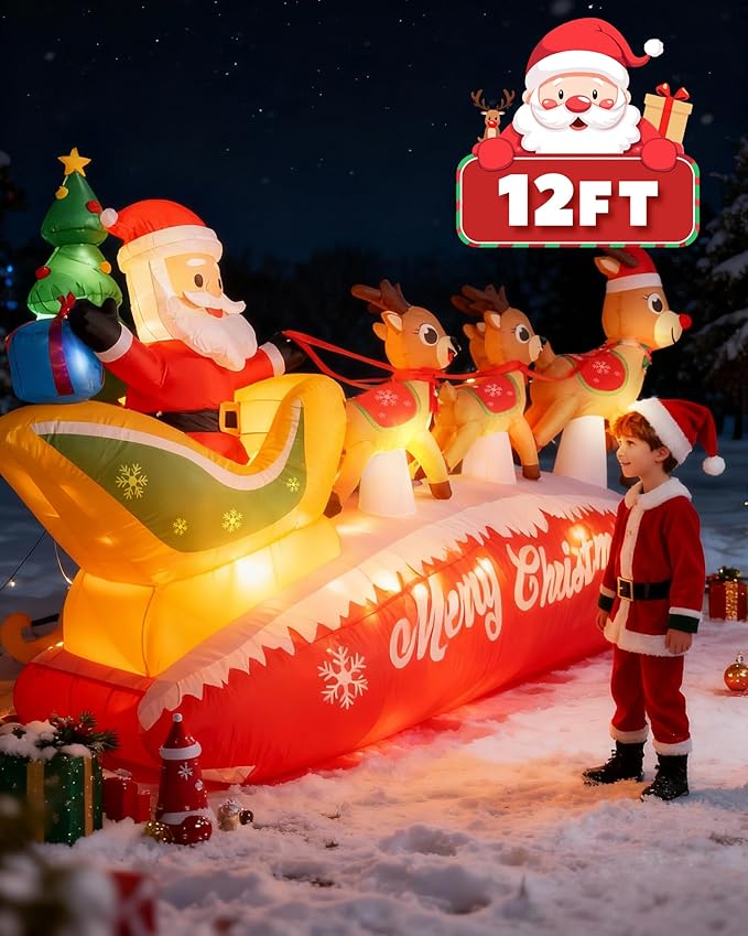 12 FT Christmas Inflatable Santa Sleigh with 5 Reindeer Outdoor Decoration, Blow Up Yard Decor with Bright LED Lights, Santa Claus Xmas Decor for Garden Lawn Backyard