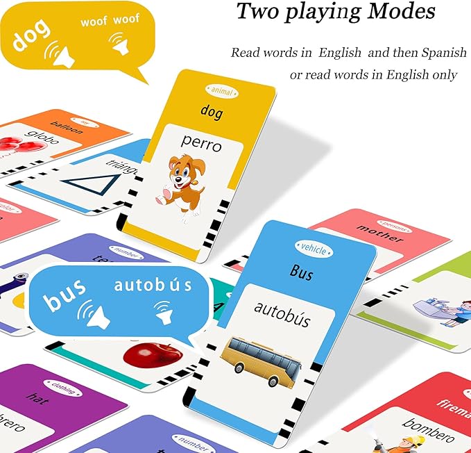 Spanish & English Talking Flash Cards for Toddlers 1 2 3 4 5 6, Audible Toys for Kids to Learn Spanish - 258 Cards and 516 Words(Blue)