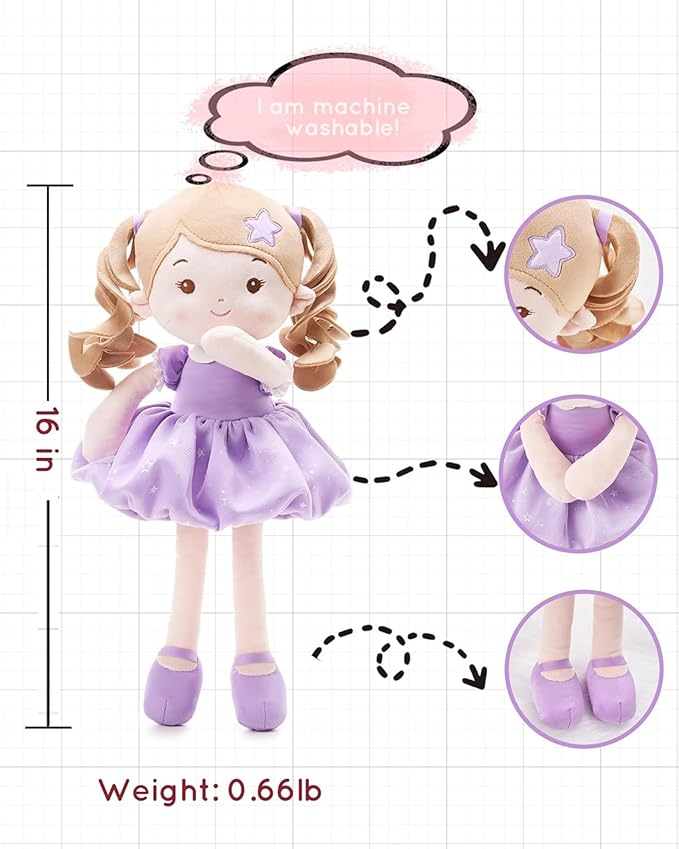 Soft Baby Doll Toys (16''), My First Baby Rag Doll for 1 Year-Old Girl Birthday Gift, Christmas Plush Toys Gift for Toddler Kids Infants -Starlet Purple