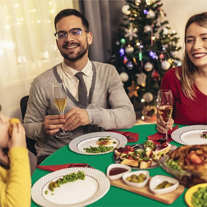 12 Pack Christmas Round Tablecloths, 84 Inch Disposable Plastic Table Covers for Xmas Party Decoration, Red White Green Waterproof Circle Table Cloth Bulk for New Year Wedding Family Gathering Banquet