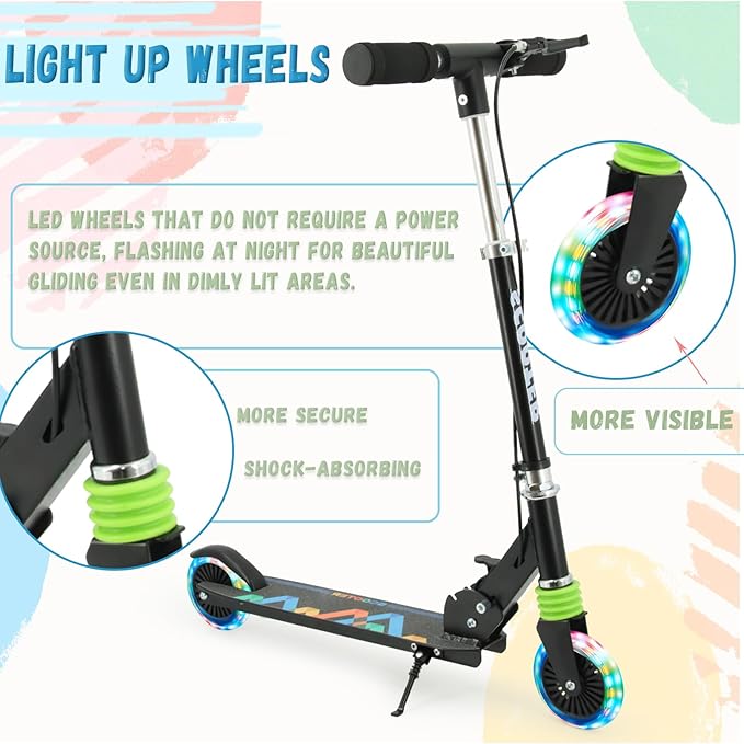 TENBOOM Scooter Kids Scooter with Handbrake, Toddler Scooter Scooters for Kids 3+, Light up LED Wheels Toys for Kids, Adjustable Handlebar, Foldable Scooter for Kids