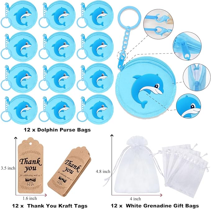36 Pack Dolphin Change Purses Set Include 12 Dolphin Wallets with Keyring, 12 Thank You Tags and 12 Organza Bags for Dolphin Ocean Sea Animals Under the Sea Party Supplies,Blue