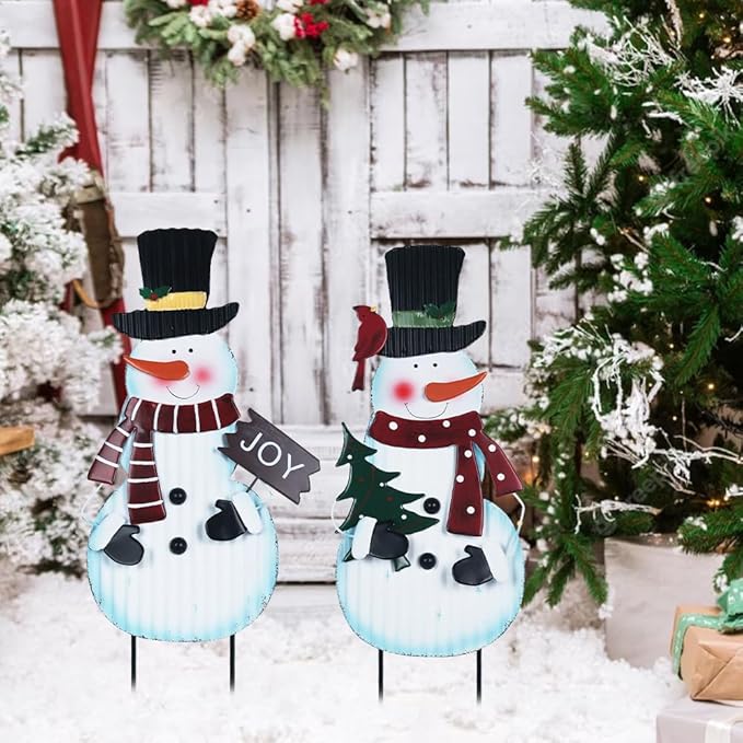 hogardeck Outdoor Christmas Decorations for Home, 2 Pcs Metal Snowman Decorative Garden Stakes with Joy for Christmas Decor, Yard Signs for Garden Home Lawn Patio