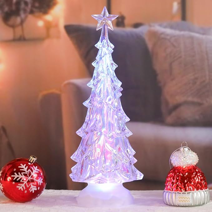 Acrylic Christmas Tree Table Decor, 14" Light up Color Changing Christmas Tree Figurine, Battery Operated Home Decorations Gift for Indoor Holiday Party Mantel Fireplace Centerpiece Decor