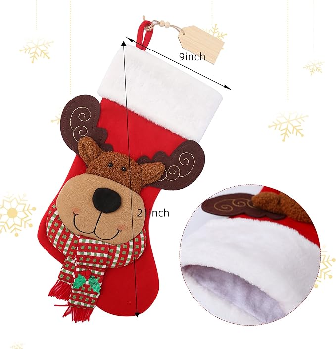 Christmas Stocking,21 inch Christmas Stockings with Wood Name Tag,3D Reindeer Christmas Stocking,for Family Holidays and Christmas Tree Fireplace Decoration(Red)