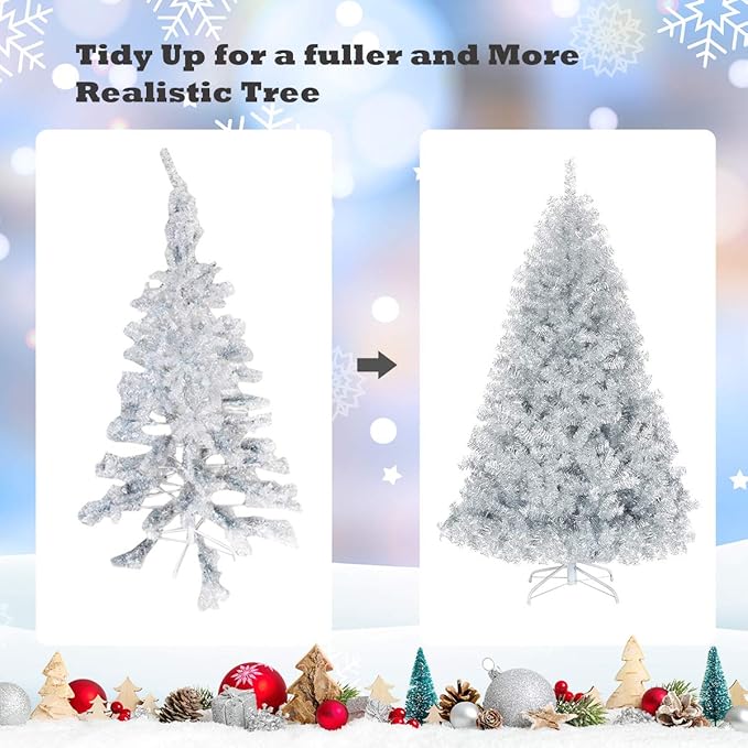 GOFLAME 6 FT Artificial Christmas Tree Hinged with 1036 Branch Tips, Silver Tinsel Christmas Tree with Metal Stand, Electroplated Technology for Indoor and Outdoor Holiday Decoration