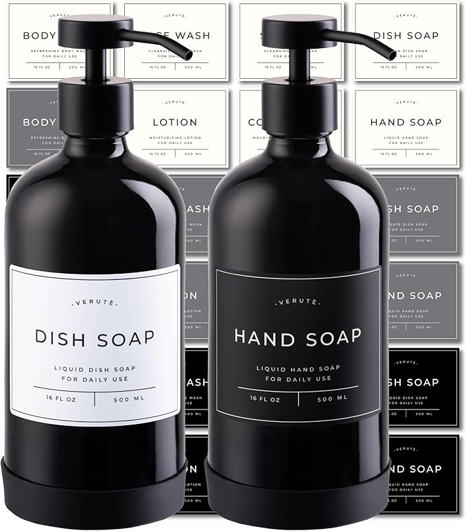 16oz Glass Soap Dispenser with Stainless Steel Pump, 21 Waterproof Labels, Non-Slip Protective Silicone Pad, Set of 2 for Bathroom & Kitchen (Gloss Black Bottle/Black Pump)