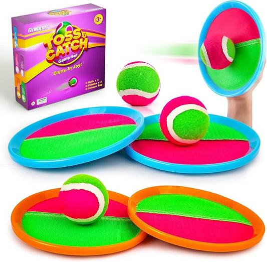 Kids Outdoor Toys - Toss and Catch Game Set, Outside Yard Camping Beach Pool Toys Games for Boys Girls 3 4 5 6 7 8 9 10 Year Old, 4 Paddles 4 Balls (Blue+Orange)