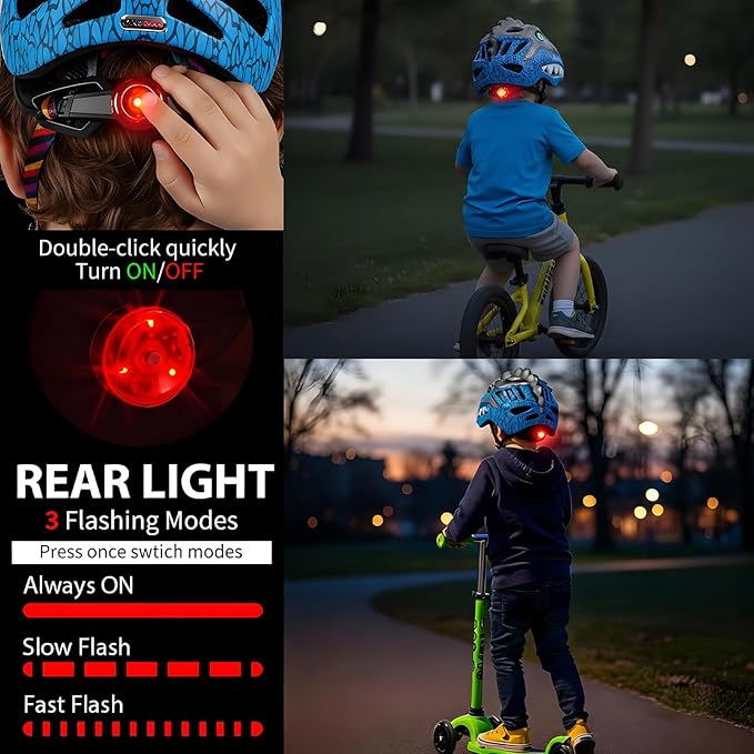 KINGBIKE Toddler Helmet 2-3-5-8 Years Kids Balance Bike Helmets Size Adjustable 3D Dinosaur with Led Light for Skateboard Scooter Cycling Skaterolling