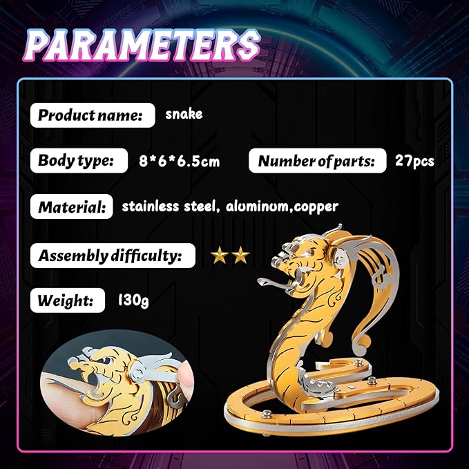 3D Metal Puzzles for Adults, Metal Model Kits for Adults Mechanical, Gold Snake 3D Puzzle Stainless Steel Ornaments for Men Women Art Craft Gifts Toys(Zodiac Sign).