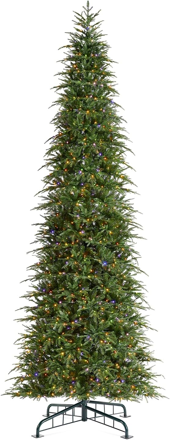 Glitzhome 15ft Prelit Christmas Tree, Hinged Slim Artificial Christmas Tree, Radiant Evergreen Fir with 1500 Warm White/Multi-Color LED Lights,9 Function,w/Remote Control,Easy Assembly