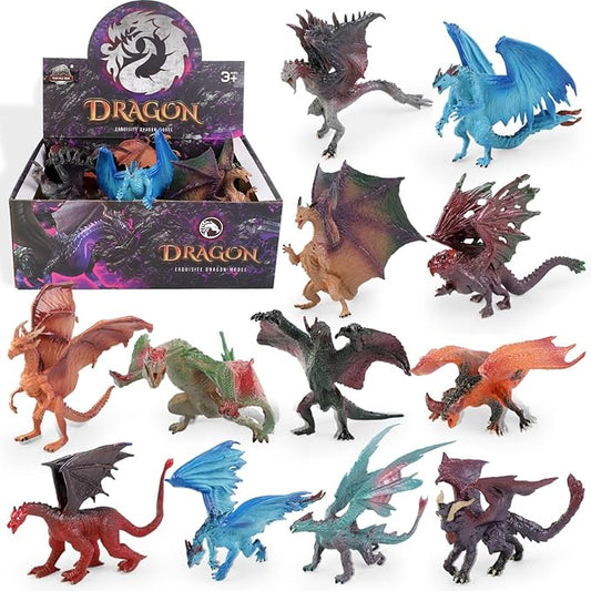 12 Pcs Dragon Toy Figures, 5" Large Realistic Hand Painted Mythical Figurines, Assorted Designs for Kids Party Favors & Cake Toppers