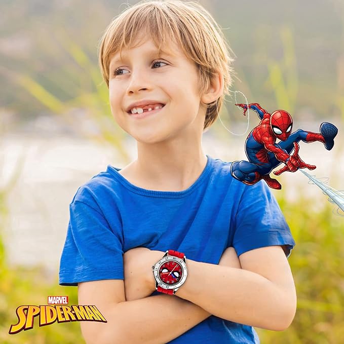 Accutime Spiderman Time Teacher Watch for Kids - Red Silicone Strap, Easy-to-Read Dial, Water Resistant, with Special Tin